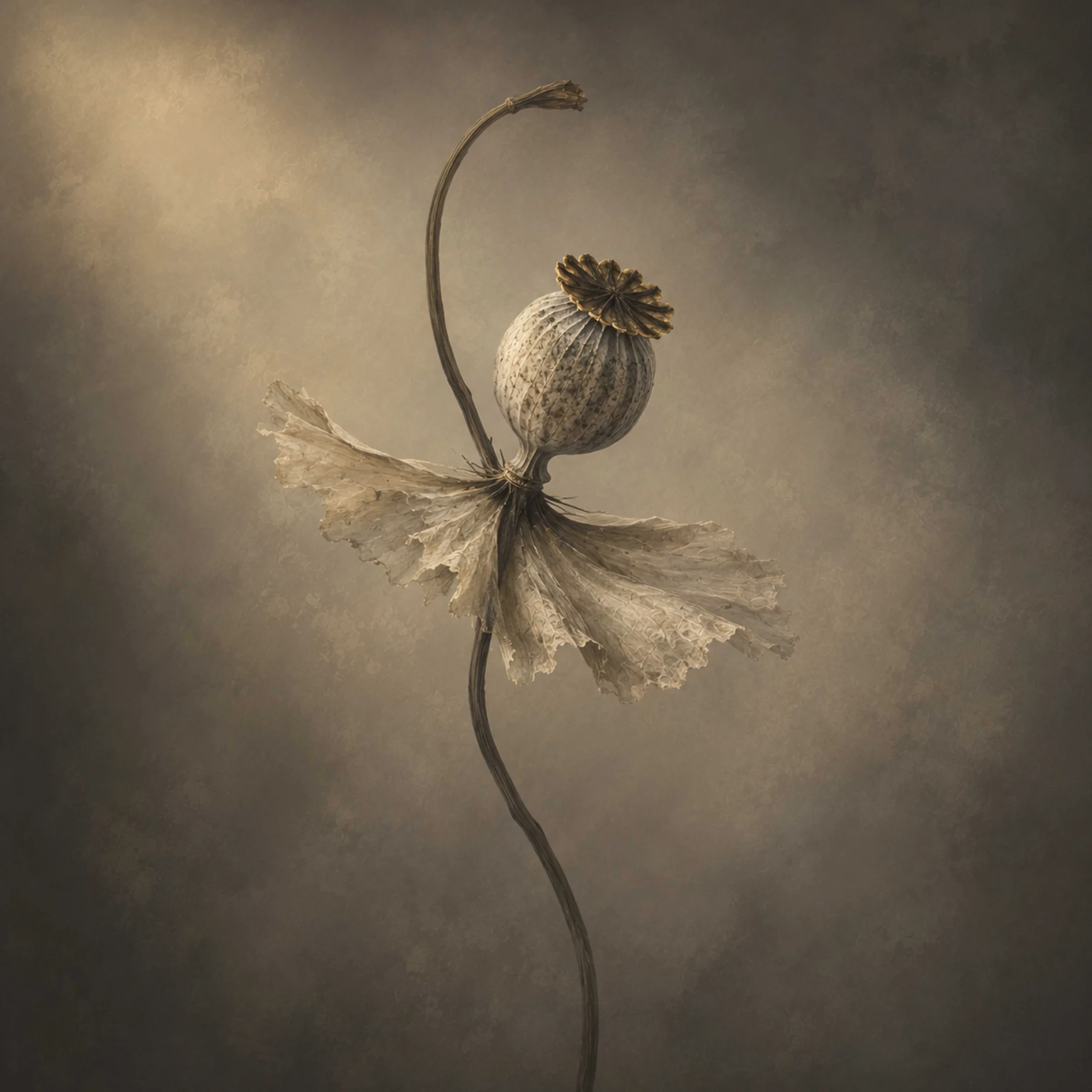 White Tutu by Dizzywalker, a pale poppy form resembling a ballerina against a muted atmospheric background.